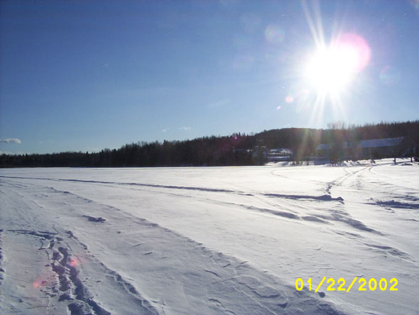 Looking across the frozen Fish River at the warehouses on the west side.