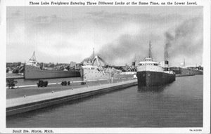 Three ships entering the Sault Locks at once.